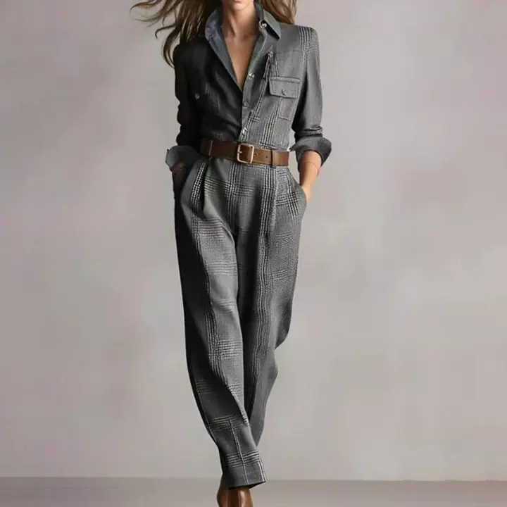 Traje De Mujer Beige Con Cuadros Estilo Camisa Con Cinturón Pantalones Anchos Casual Para Oficina Moda 2026 Traje De Vestido - 1