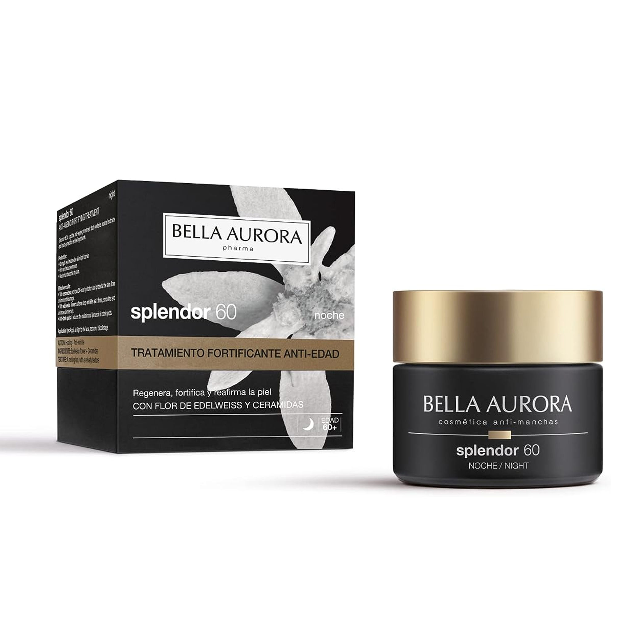 BELLA AURORA - Splendor +60 Crema de Noche 50 ml, Tratamiento Fortificante Antiedad, Activos Última Generación y Extractos Naturales, Restaura la Tensión Cutánea, para Cualquier Piel, Efecto Lifting