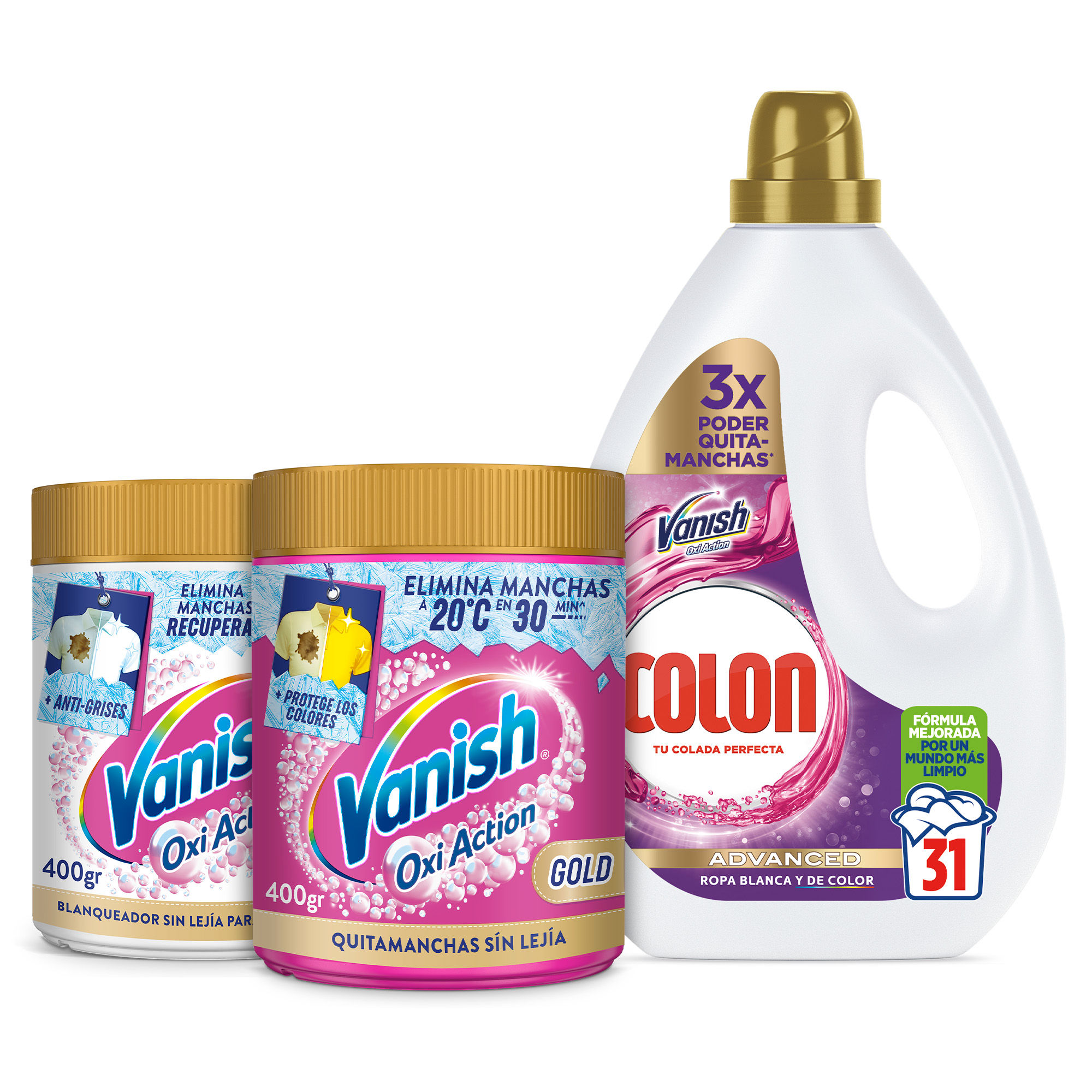 Colon Gel Vanish 31 Lavados + Vanish Oxi Action Blanco 400gr + Vanish Oxi Action Gold 400gr | Pack para una colada impecable, blancos radiantes y eliminación de manchas difíciles