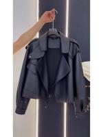Chaqueta De Cuero Negro Retro Americana Suelta Para Mujer Estilo Locomotora Primavera Otoño Cierre De Botones Motociclista Sin Capucha - details 3