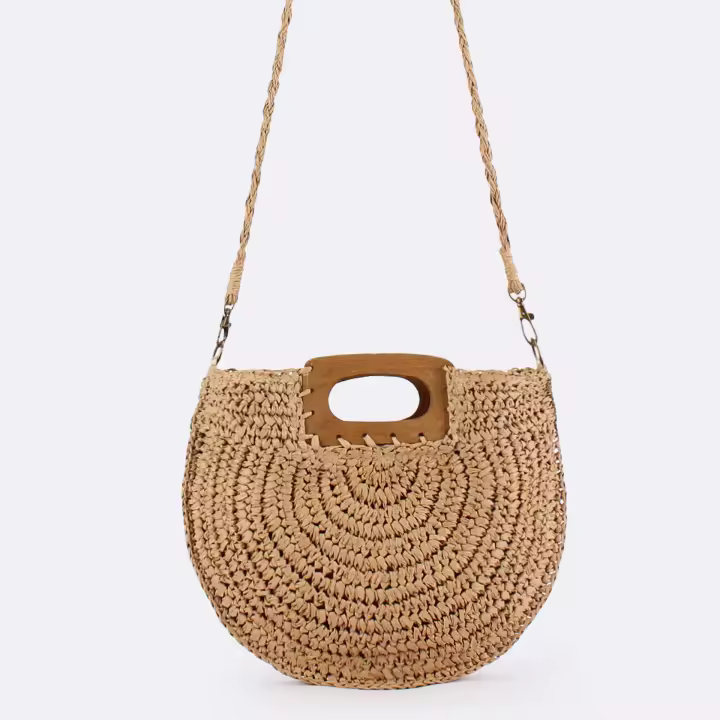 MOV Bolso cuadrado de madera, bolso semicircular de paja tejida, bolso elegante e informal para mujer, ideal para vacaciones en la playa. - 1