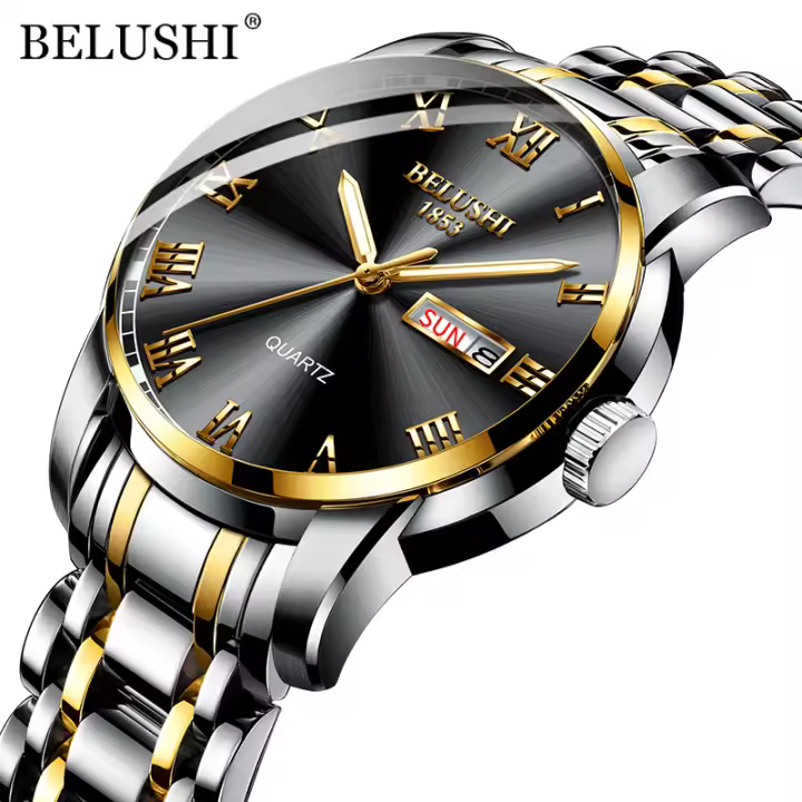 Reloj De Pulsera De Moda Para Hombre BELUSHI Marca De Lujo Plataforma De Cuarzo Impermeable Con Calendario Y Luces Luminosas Manos Resistentes Al Choque Estilo Deportivo Material De Pulsera Acero Inoxidable - 1