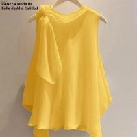 ZANZEA Camiseta Para Mujer Verano Tops 2025 Sólida Sin Mangas Asimétrica Casual Suelta Con Cuello Redondo Y Scaro - details 3