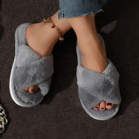 Pantuflas De Casa Para Mujer Con Tela De Peluche CrissCross Y Suela Suave Open Toe Fuzzy Caliente Invierno Pantuflas Cómodas Para Interno - details 2