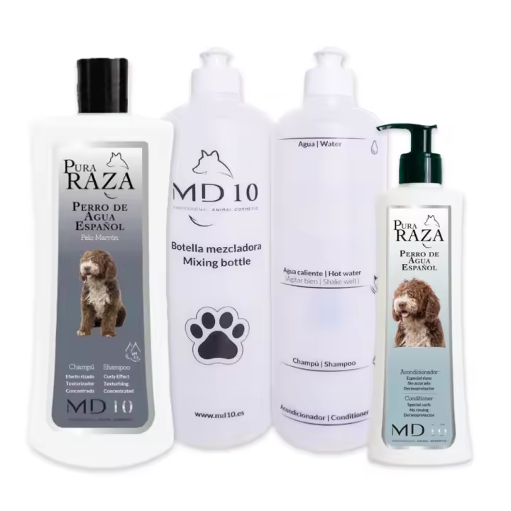 Pack Productos para Perros de Agua Pelo Marrón - Champú para Perros, Acondicionador para Perros y 2 Botellas Mezcladoras - Vegano y Biodegradable - Fabricado en España - MD-10 COLLECTION - 1