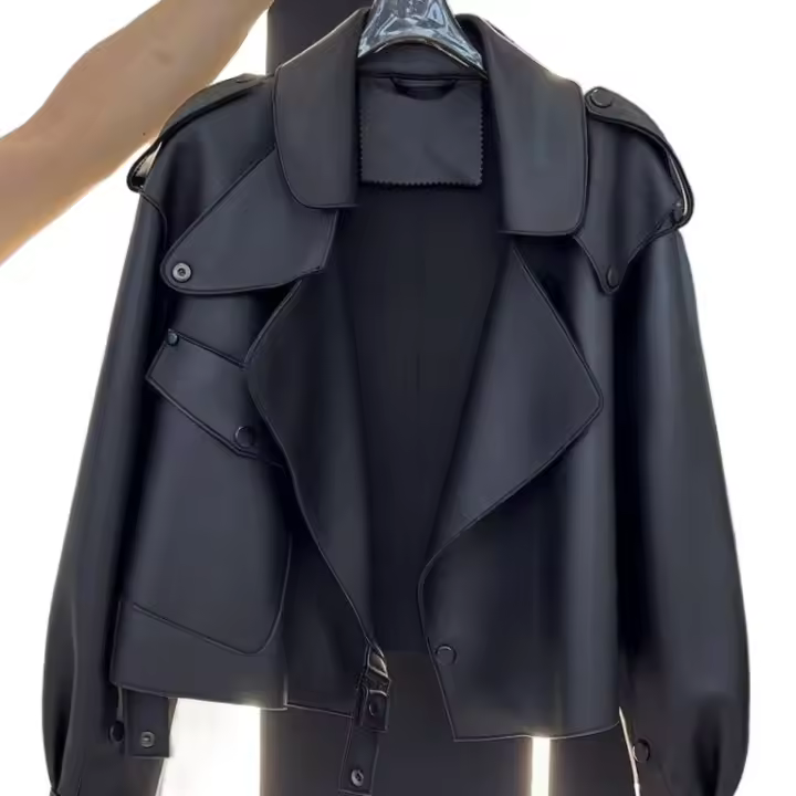 Chaqueta De Cuero Negro Retro Americana Suelta Para Mujer Estilo Locomotora Primavera Otoño Cierre De Botones Motociclista Sin Capucha - 1
