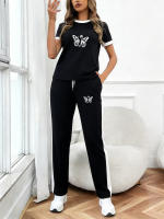 Conjunto De Camiseta Y Pantalones De Mujer Estilo Casual Con Diseño De Mariposa Corto Y Cómodo Para Primavera Y Verano Ropa Campus Callejera Romántica Con Cuello Redondo Y Pierna Recta - details 8