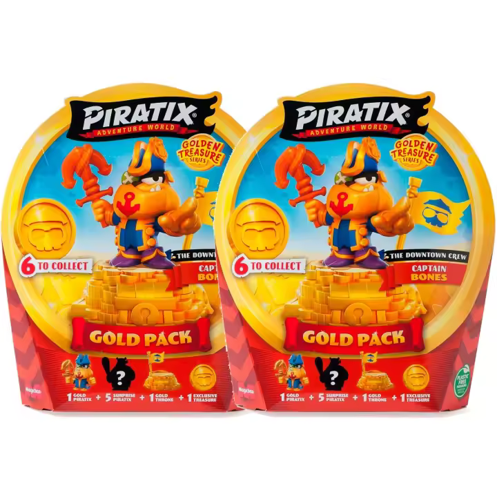 PIRATIX, ADVENTURE WORLD Serie Golden Treasure –Gold Pack The Show Band Crew. Incluye 5 Piratix Sorpresa, 1 Tesoro Exclusivo, 1 Bandera Exclusiva, 1 podio, 6 Accesorios y capitán huesos - 1