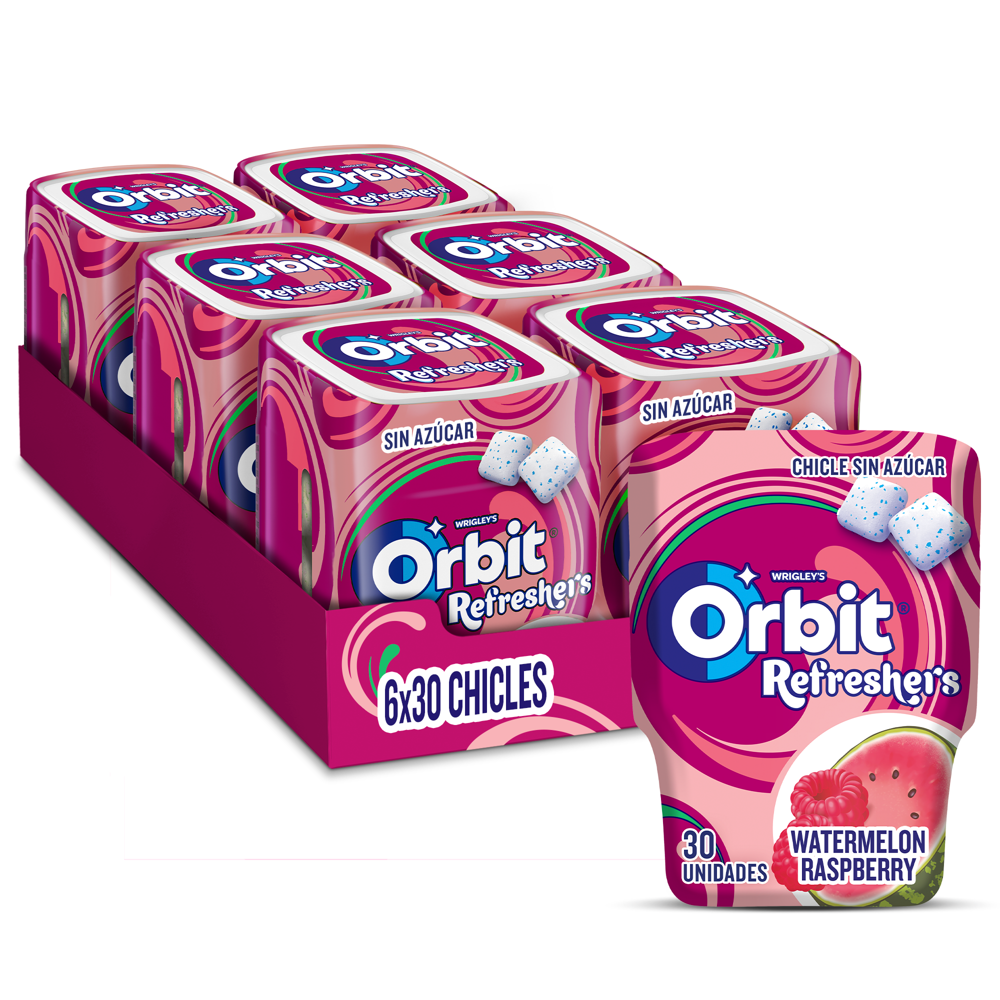 Orbit Refreshers Chicles Sin Azúcar Sabor Sandía Frambuesa en formato Gragea en Bote, 6 packs de 30uds