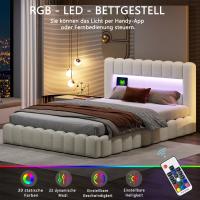 Cama tapizada 140x200 cm con LED en cabecero, cama capitoné beige con arcón de almacenaje y estructura de lino, sin colchón - details 1