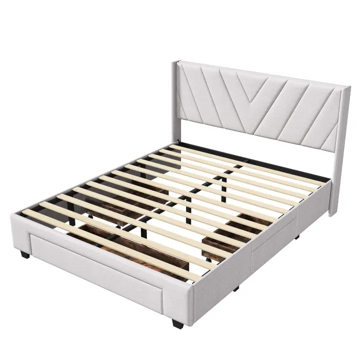 Cama tapizada con cajones de almacenamiento y somier de láminas, diseño capitoné en tela de lino, beige, 140x200 cm / 160x200 cm - 1