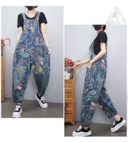 Traje De Piernas Anchas Para Mujer Con Estampado Floral Y Bolsillos Estilo Casual Streetwear Denim Rompers De Talla Grande Con Cinturones Y Mangas - details 4
