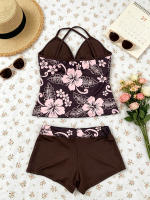 Conjunto De Playa Y2K Para Mujer Con Estampado De Hibisco Tropical Top De Hombros Delgados Con Cuello V Y Shorts De Cintura Baja Estilo Casual - details 5