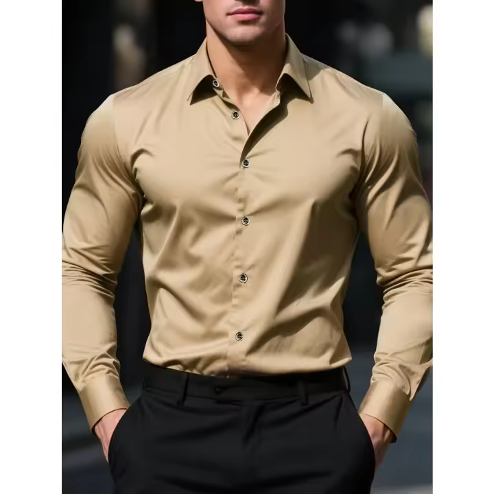 Camisa De Hombre 2025 Nueva Marca Color Sólido Manga Larga Estilo Casual Para Todas Las Estaciones Cierre Único Poliéster - 1