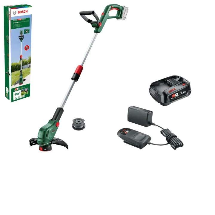 Bosch - Pack Cortabordes a Batería+ Starter Set 18V Alliance -UniversalGrassCut 18V-23-450 - 18V, ancho 23cm, Función Inclinación, Ajuste telescópico de altura, incluye 2 bobinas de hilo, 1 Batería de 2.5Ah y Cargador AL 18V-20 - 1