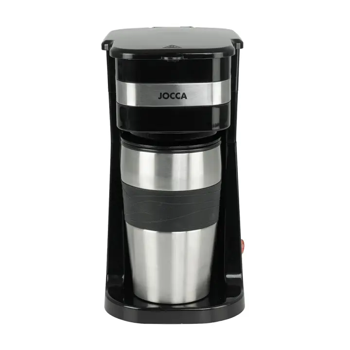 Cafetera de goteo individual Jocca con taza térmica de viaje 420 ml, filtro de malla reutilizable, apagado automático, interruptor ON/OFF con luz y termo de acero inoxidable apto para portavasos de coche. Ideal para café rápido y portátil. Potencia 750W - 1