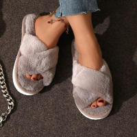Pantuflas De Casa Para Mujer Con Tela De Peluche CrissCross Y Suela Suave Open Toe Fuzzy Caliente Invierno Pantuflas Cómodas Para Interno - details 14