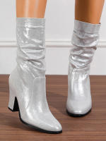 Botas De Talla Media Brillantes Con Pliegues Y Tacón Grueso Para Mujer En Oro Y Plata Botas Modernas Para Fiestas Y Escenario Cómodas Y Elegantes Para El Día a Día - details 5