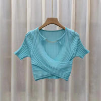Top Ribbed Para Mujer Con Cadena Crisscross Y Cuello V Corto De Encaje Knitted Ajustado Estilo Y2K Para Primavera Verano - details 3