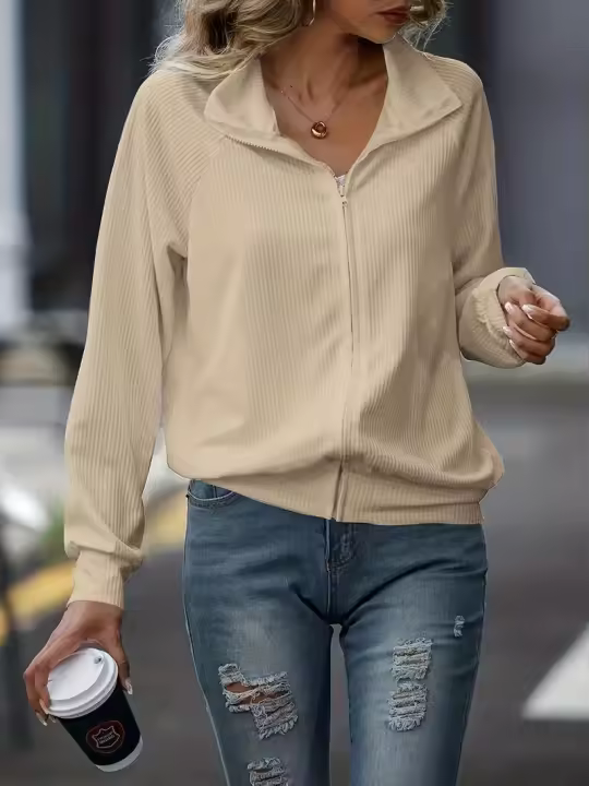 Chaqueta De Punto Para Mujer Casual De Otoño E Invierno Cuello V Manga Larga Suelta Color Sólido Con Cremallera Versátil - 1