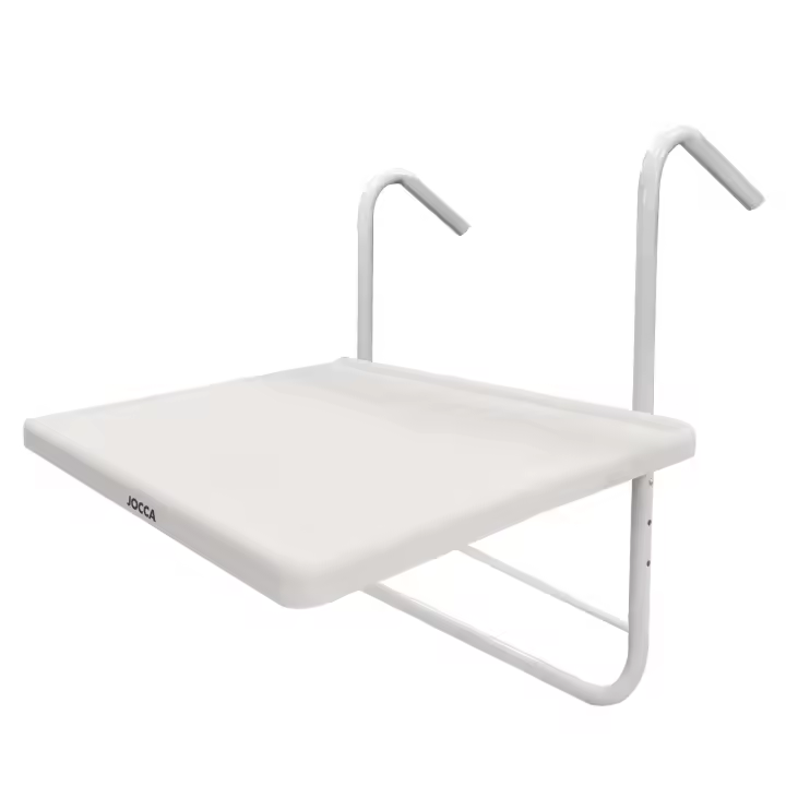 Mesa de barandilla para balcón o terraza JOCCA, plegable y ajustable en altura e inclinación, tablero 53x40 cm, resistente hasta 10 kg, estructura de hierro y superficie PP, ideal para exteriores, desayunos o trabajo al aire libre, fácil de montar. - 1