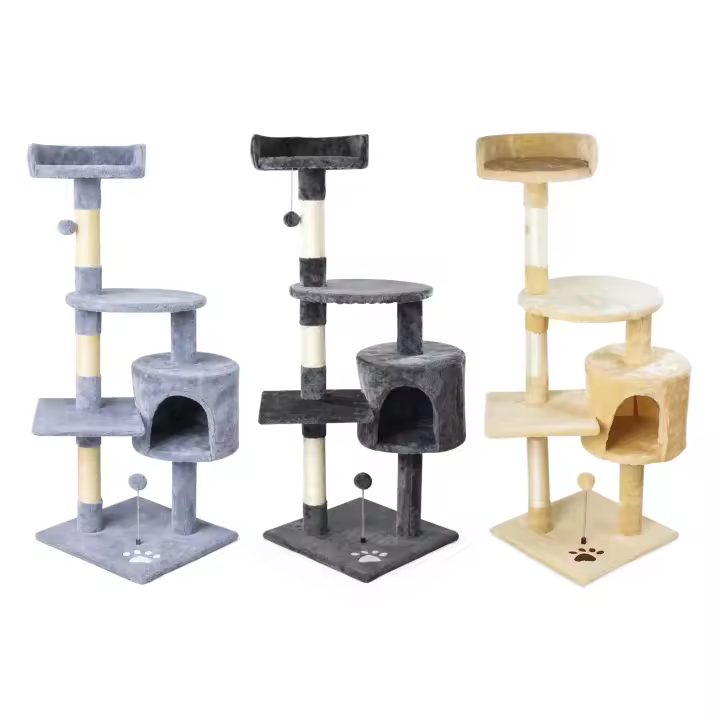 Árbol rascador para gatos de esquina de 116 cm en gris oscuro con cueva grande, plataformas y bola colgante - Torre multinivel estable y suave - 1