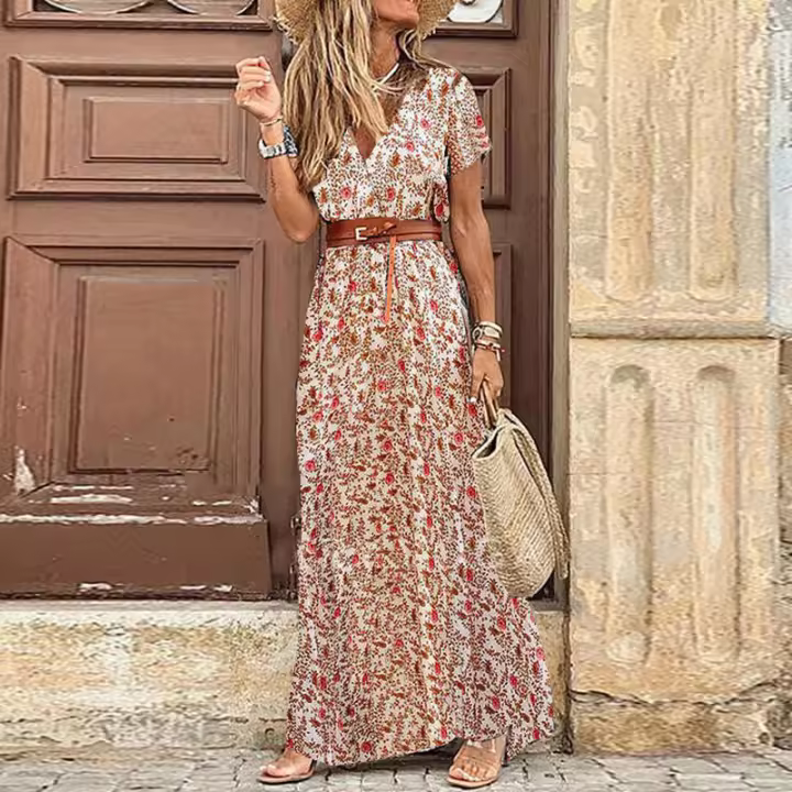 Vestido Bohemio De Manga Corta Con Cuello En V Y Cinturón Para Mujer Vestido Largo Floral Para Vacaciones De Verano - 1
