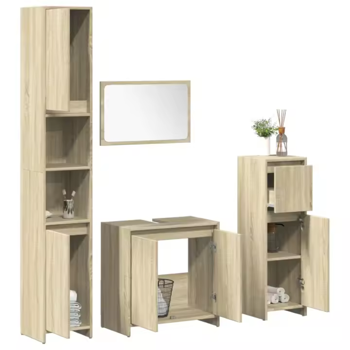 vidaXL Juego muebles de baño 4 pzas madera contrachapada en color Gris hormigón/Roble Sonoma | almacenamiento funcional diseño moderno para baño dormitorio sala - 1
