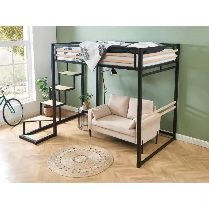 Vente-unique - Cama alta 140 x 200 cm - metal y MDF - Negro y natural - JOGUI - 1