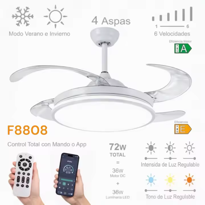 Ventilador de techo con luz LED Blanco en 3 Temperaturas de Luz con Mando a Distancia -Motor DC Eficiente y Silencioso, 3 tonalidades, aspas desplegables retráctiles, 6 velocidades, control remoto, memoria, temporizador. - 1