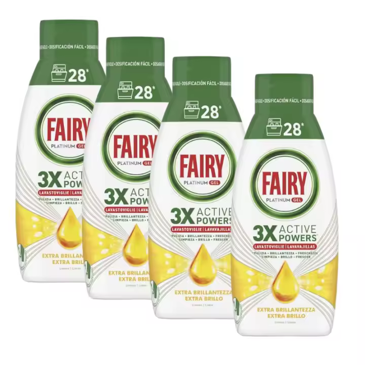 Fairy Platinum Gel - Detergente para Lavavajillas automático - Antiolor, Frescor Limon, Extra Brillante - PACK AHORRO: 4x504ml - Total 112 lavados. - 1