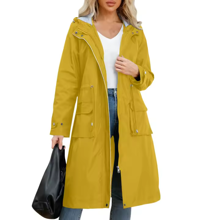 Chaqueta De Trench Para Mujer Con Capucha Y Mangas Largas De Color Sólido Estilo Británico Elegante Con Rayas Y Sombrilla Protección Contra El Viento - 1