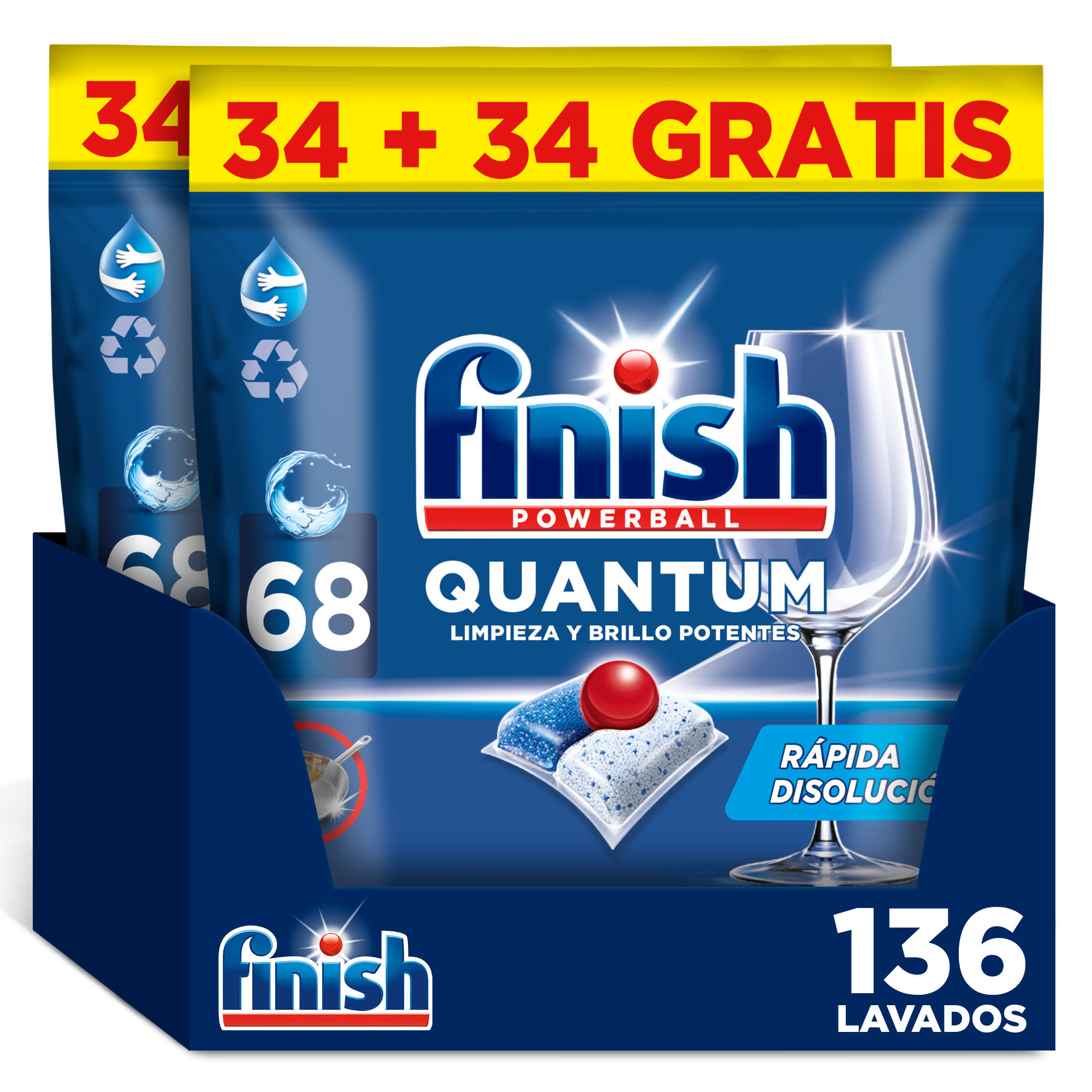 Finish Powerball Quantum, 136 Pastillas para Lavavajillas, Limpieza y Brillo Potentes, Aroma Regular, Formato 2x68
