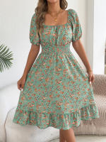 Vestido Elegante De Primavera Y Verano Para Mujer Con Estampado Floral Cuello Cuadrado Manga Corta Volante Al Borde Vestido A-Line De Rodilla - details 5