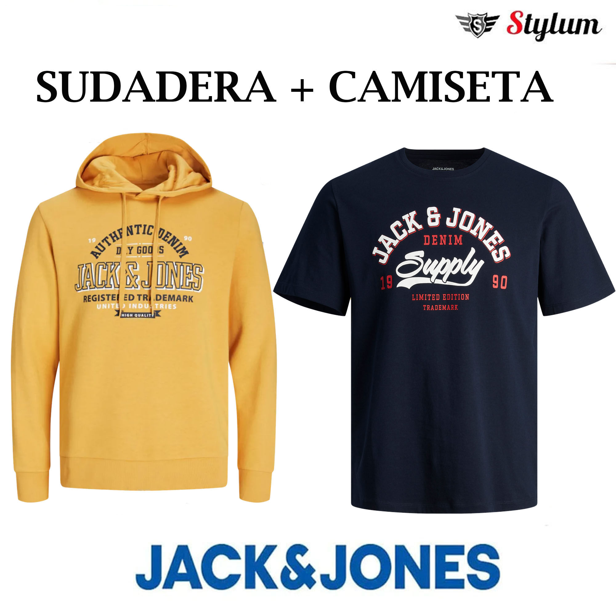 Jack & Jones Pack Sudadera + Camiseta Hombre , Con capucha ajustable ,Color Honey Gold y Navy Blazer Logo estampado Moda Casual Informal OTOÑO INVIERNO
