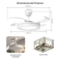 Ventilador de techo retráctil de lujo 80 W con luz y control remoto, aspas ocultas, flujo de aire ajustable, luz LED con atenuación continua, motor DC silencioso, ideal para 10-15 m² - details 10