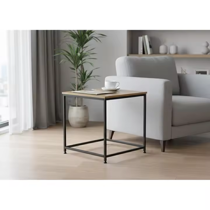 Mesita Auxiliar en Madera y Metal Nancy, Estilo Industrial, 45cm, Roble y Negro - 1