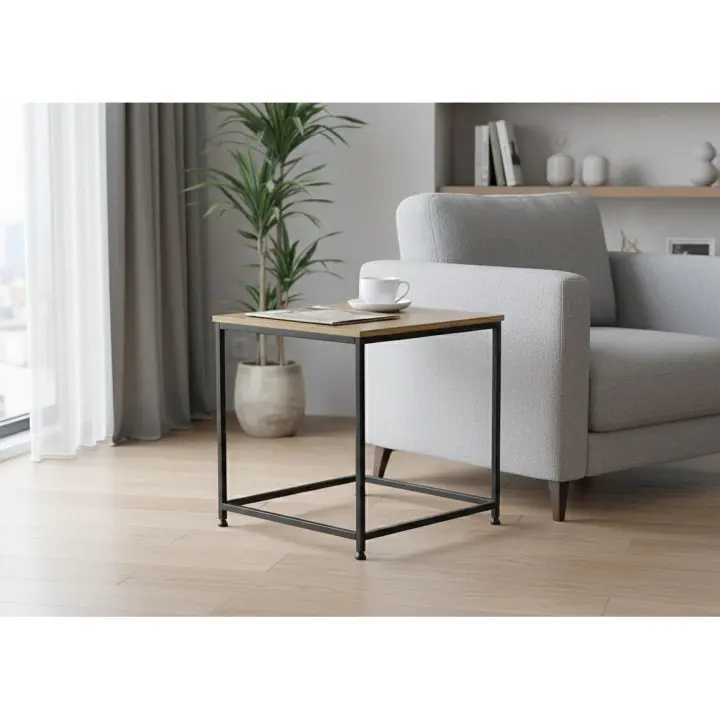 Mesita Auxiliar en Madera y Metal Nancy, Estilo Industrial, 45cm, Roble y Negro - 1