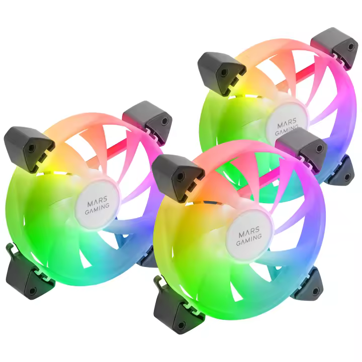 Mars Gaming MF-3A, Kit 3x Ventiladores FDB Ultrasilenciosos 120mm, Iluminación ARGB Rainbow 360º Sin Marco, Ventialdores 3en1 con Compatibilidad Total ARGB, Doble Conector ARGB Macho + Hembra, Ventiladores PC Negros o Blancos - 1