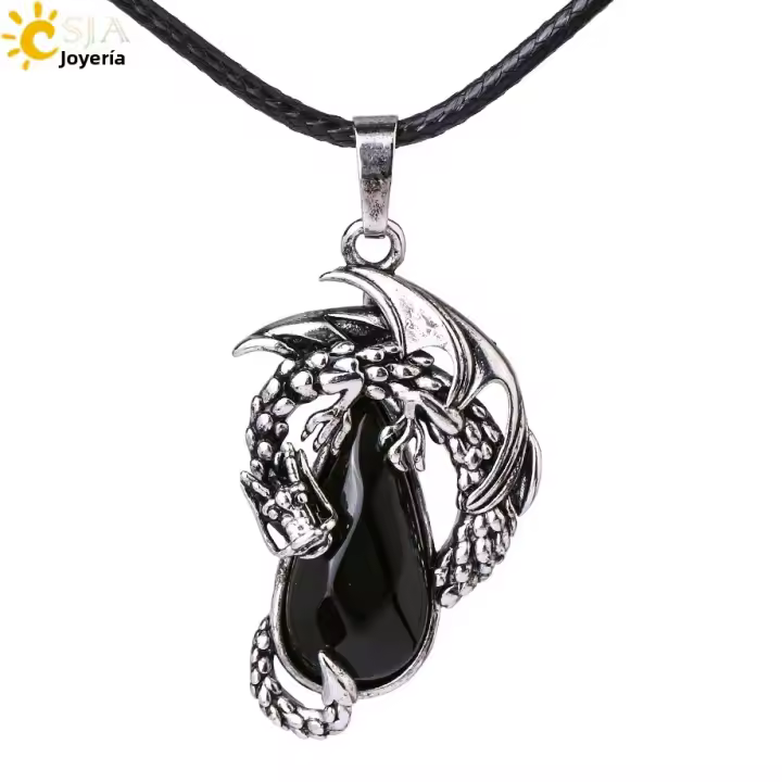 Collar De Hombre Y Mujer Con Colgante De Dragón Hechizo Natural Piedra Facetada Amatista Cristal Rosa Obsidiana Negra Joyería Vintage - 1