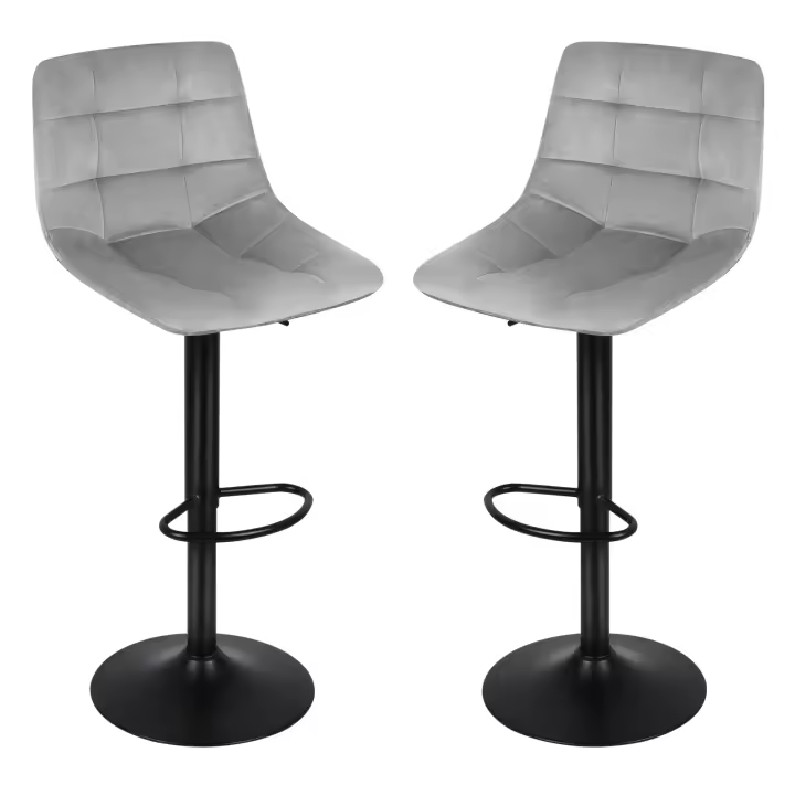 Aqrau - Lote de 2 Taburetes de Bar con Respaldo Regulable en Altura y Giratorio 360° en Terciopelo y Metal Gris Claro - 1