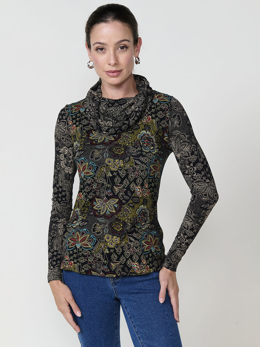 Koroshi Camiseta mujer multicolor manga larga cuello vuelto con estampado floral