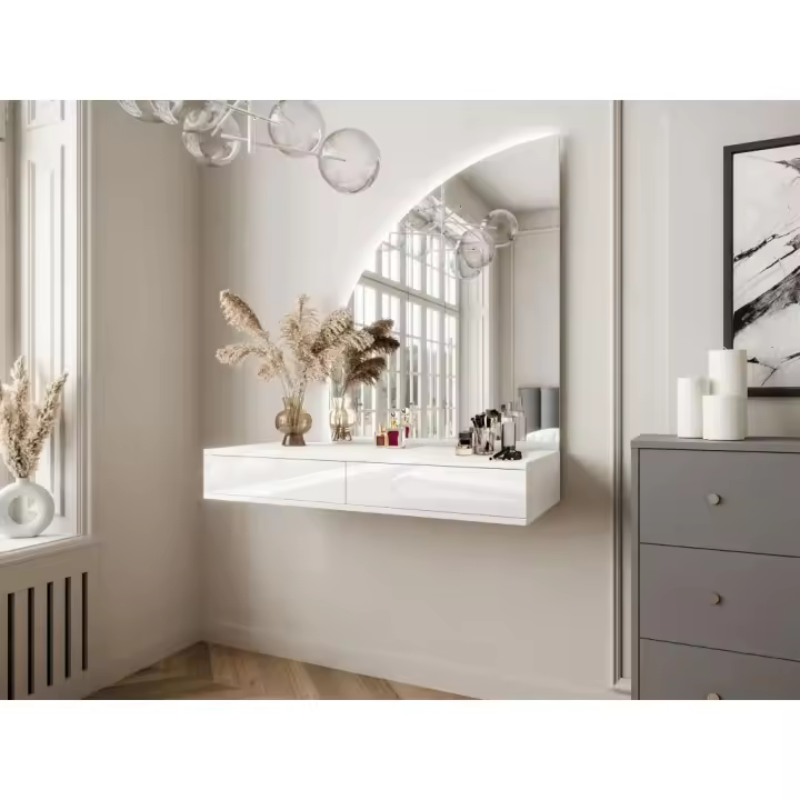 Vente-unique - Tocador flotante con espejo LED - 2 cajones - Blanco brillante - JINEZA - 1