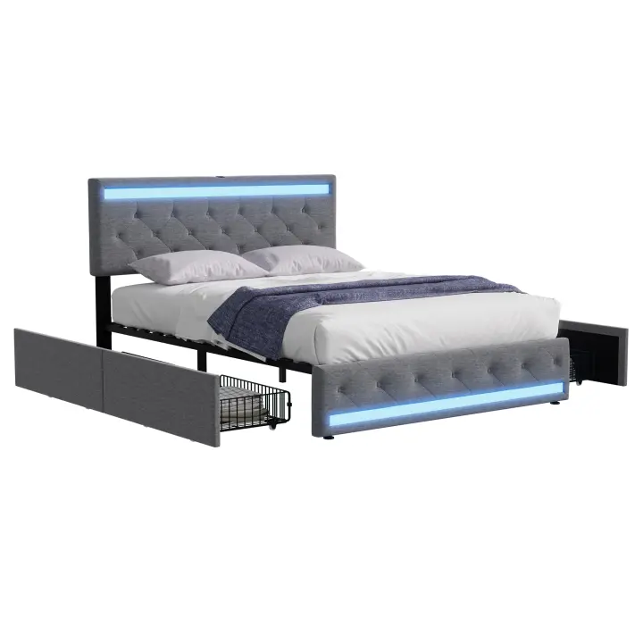 Cama tapizada con LED y USB, 4 cajones, arcón de almacenamiento, somier de láminas de madera, lino gris, 140x200/160x200/180x200 cm - 1