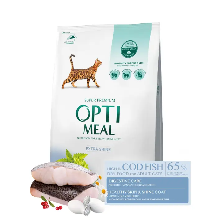 Pienso seco completo para gatos adultos OPTIMEAL con alto contenido de bacalao - Refuerzo inmunológico y salud digestiva - Alimentación super premium para mascotas - 1