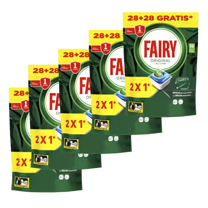 Fairy Original Todo En Uno - Pack de 5 Bolsas de 56 Cápsulas para Lavavajillas (280 Cápsulas) - Elimina Grasa y Resequedad, Detergente con Aroma Limpio y Fresco - 1
