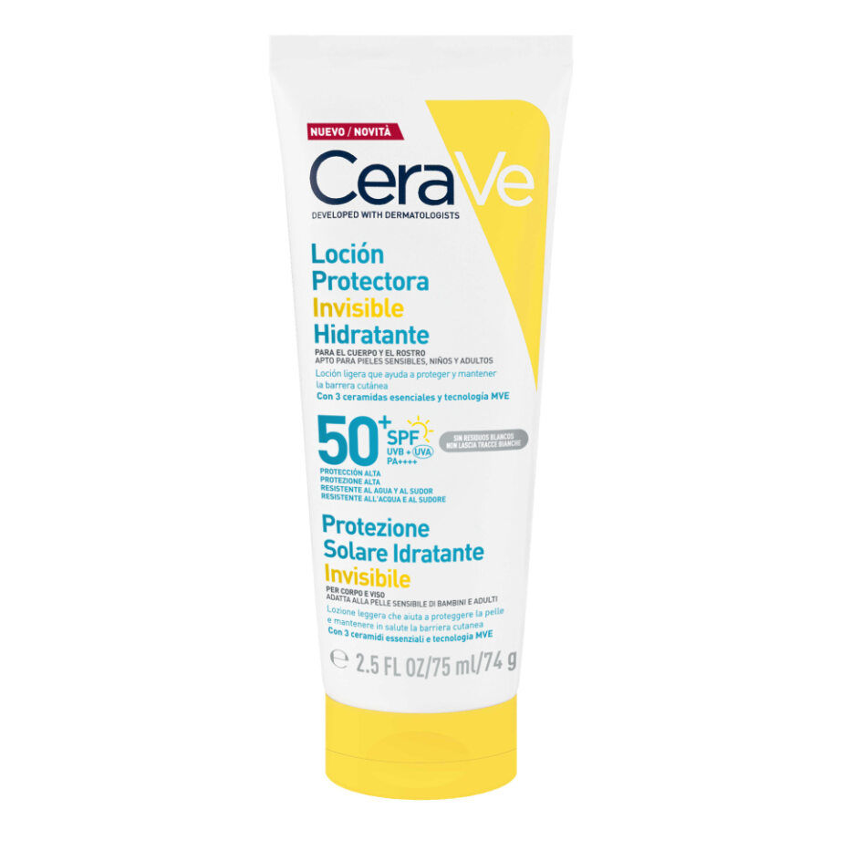 Cerave Fluido Solar Invisible con SPF 50, Hidratación de 24 horas, Fórmula Ligera para Rostro y Cuerpo, Ideal para Pieles Sensibles, sin Perfume y No Comedogénico, 75 ml