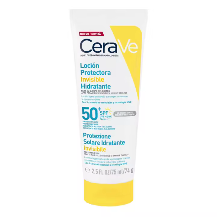 Cerave Fluido Solar Invisible con SPF 50, Hidratación de 24 horas, Fórmula Ligera para Rostro y Cuerpo, Ideal para Pieles Sensibles, sin Perfume y No Comedogénico, 75 ml - 1