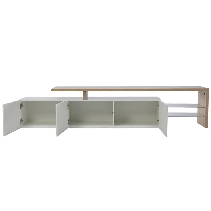 Mueble de TV LED blanco brillo con almacenaje oculto, estantes de cristal y diseño moderno en madera – mesa TV elegante para salón - 1