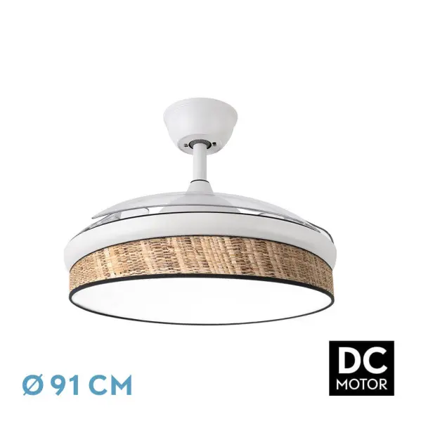 Abrila - Ventilador DC MODA | Color Blanco con tres Cuchillas Desplegables ABS y Difusor Cañizo Oscuro | 6 velocidades ajustables | 3 temperaturas de luz | con Temporizador y Mando a Distancia Incluido - 1